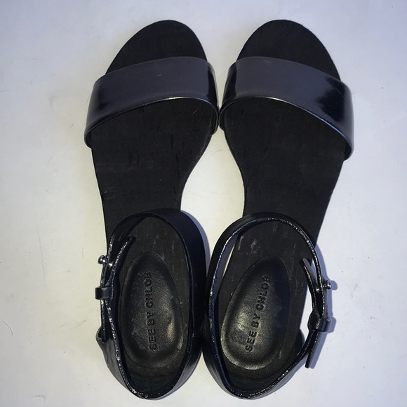 See by Chloe Specchio Cork Flat Sandal Size 36 Black Leather Upper Designer - Picture 8 of 13